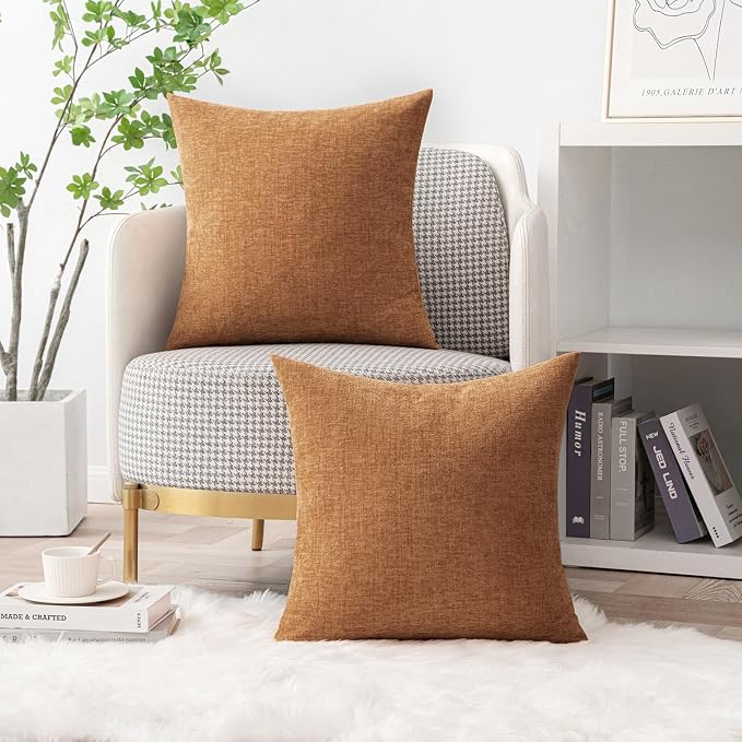 MIULEE Soft Chenille Throw Pillow Covers Brown 18x18 Inch Pack of 2 | Modern Home Decor, Classic Decorative Pillows, Solid Dyed Cases, Boho Couch Cushion Covers for Sofa Bed Living Room