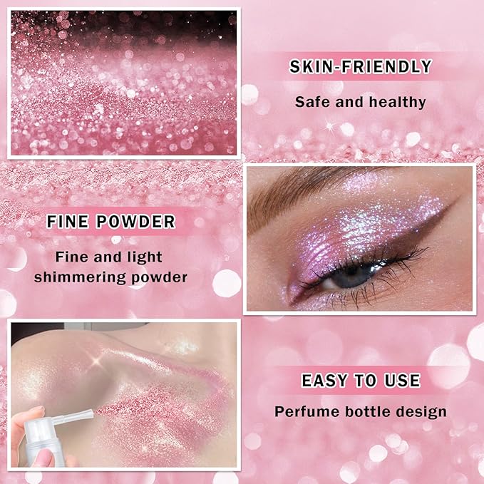 AWCCXMYM Body Glitter Spray Sparkle Hairspray Highlighter Glitter Shiny Spraay for Hair and Body,Face Glitter Powder for Halloween,Christmas,Concert Accessories Party Body Makeup(Pink)
