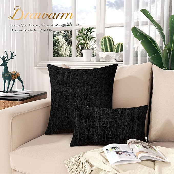 BRAWARM Throw Pillow Covers 18x18 Inches - Black Chenille Pillow Covers Pack of 2, Solid Dyed Soft Chenille Pillow Cases for Couch Sofa Bed Home Decoration