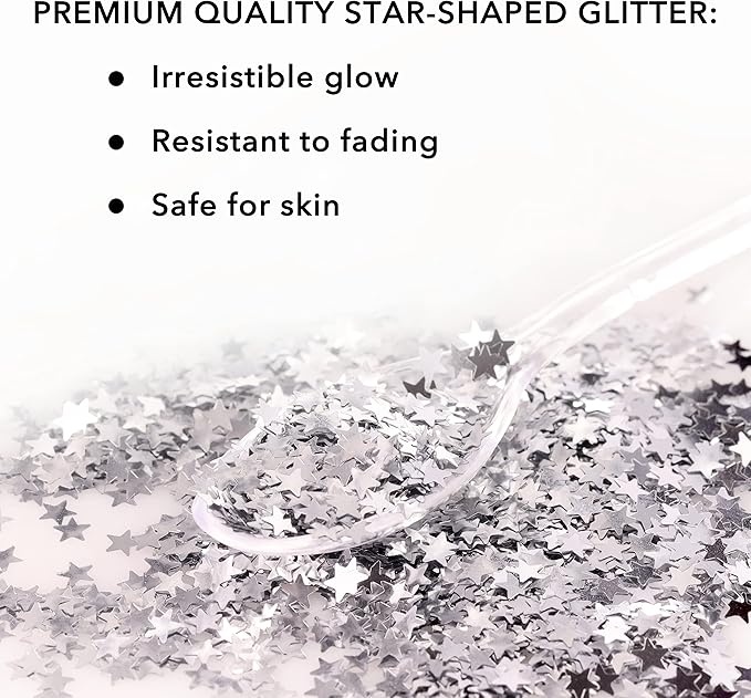 Nail Glitter - Silver Stars Chunky Glitter in Jar - 2,5 Oz Christmas Glitter for Crafts - Glitter for Slime - Face Glitter - Candle Glitter - Body Glitter