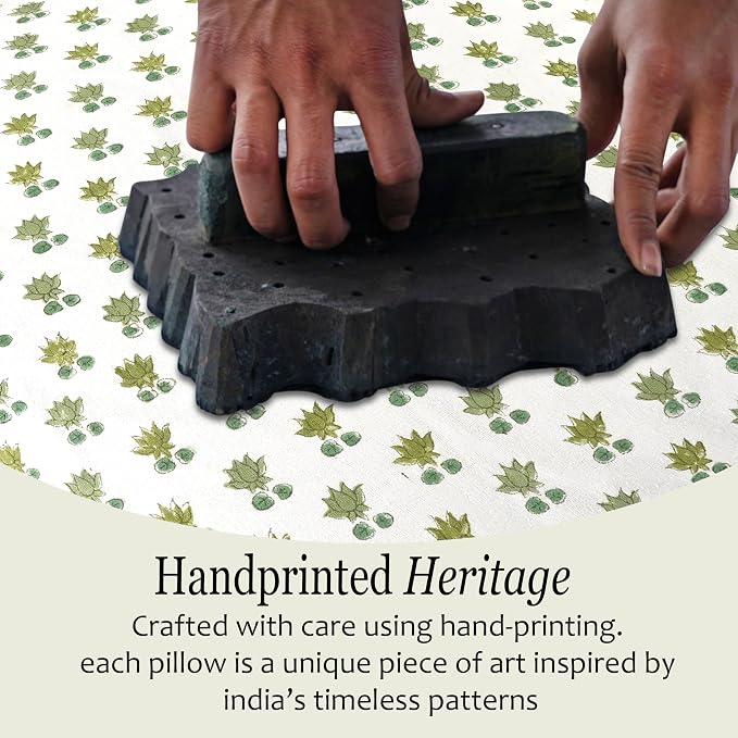 CPC Lotus Meadow Hand Block Print 100% Cotton Ruffle Throw Pillow Cover 24x24 inch with Hidden Zipper Decorative for Couch, Bed, Sofa, Farmhouse, Cottagecore Decor Gift Christmas Fall Thanksgiving