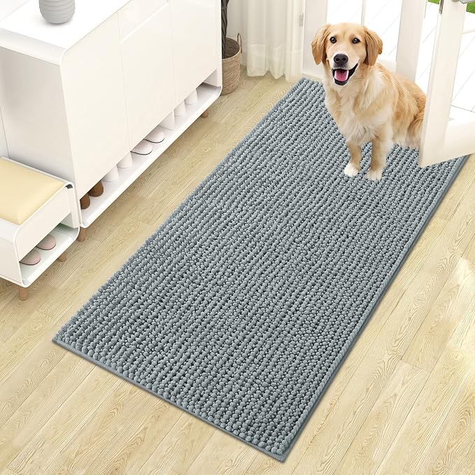OLANLY Dog Door Mat for Muddy Paws 44x24, Extra Absorbent Chenille Mud Mat | Grey, Absorbs Moisture and Dirt, Non-Slip Machine Washable Doormat, Quick-Drying Indoor Entryway Floor Mat for Dogs