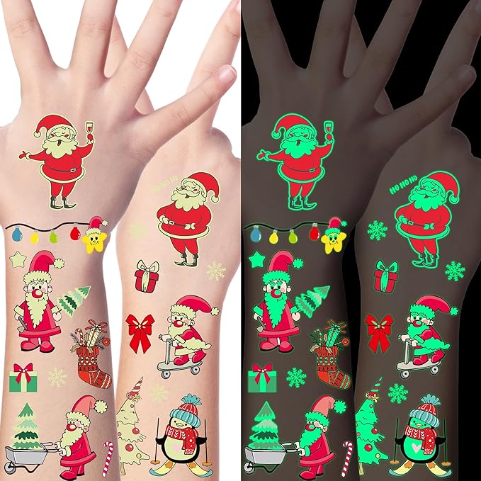 243PCS Christmas Tattoos for Kids, 12Sheets Christmas Party Favors, Luminious Xmas Tattoos Stocking Stuff, Xmas Stickers, Bulk Xmas Holiday Ugly Sweater Party Supplies Accessories Candy