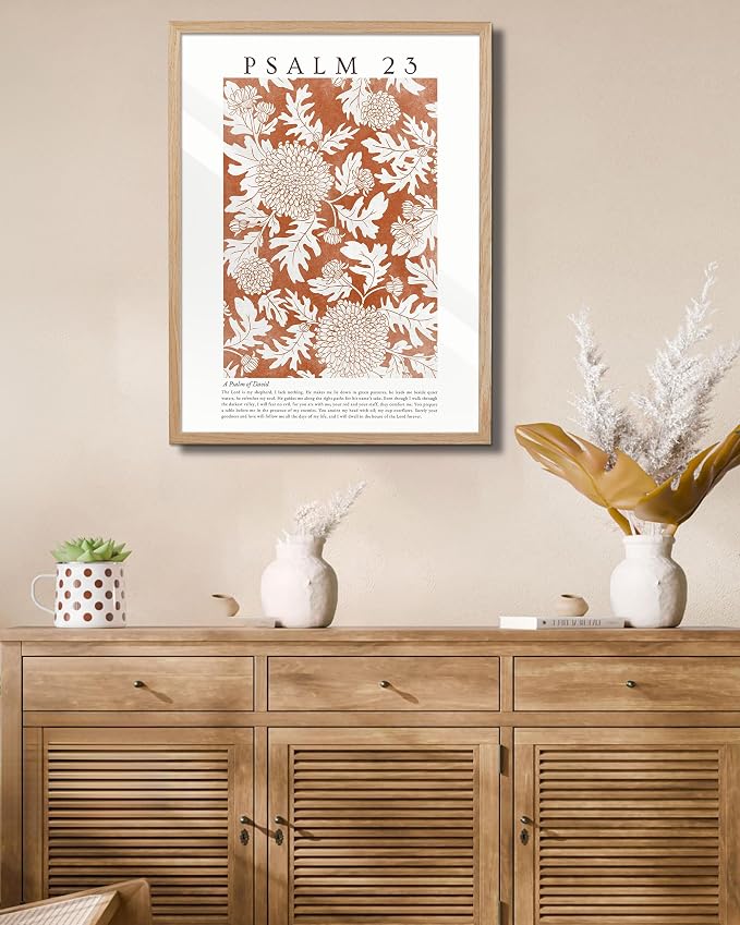 EcoHest 18x24 in Psalm 23 Orange Floral Botanical Framed Christian Wall Art | Solid Oak Wood Frame with Canvas Wall Art, Scripture Bible Verse Wall Decor for Bedroom, Living Room, Office, Church, 1Pack