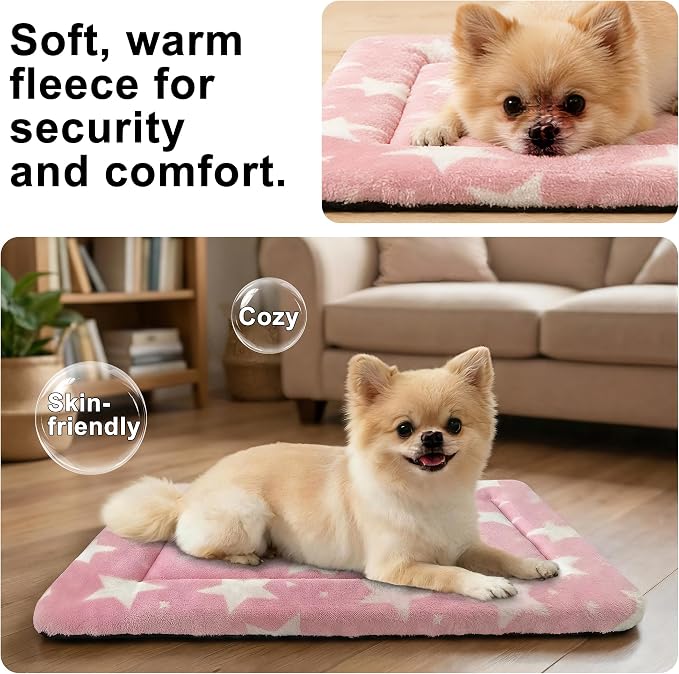 Dog Bed Mat – Soft & Comfortable Dog Kennel Pad for Crate – Durable Crate Bed & Mat for Dogs & Cats – Ideal for Crate, Kennel, and Home Use (Big&Little Stars Pink, S(24"*18"*1.5"))