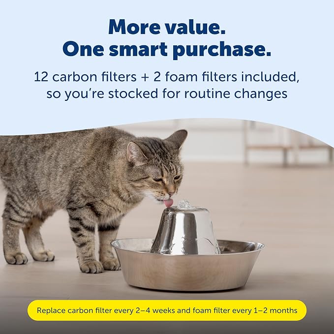 PetSafe Seaside Stainless Pet Fountain, 12 Carbon & 2 Foam Filters, 1 Pump | 60 Oz Capacity, 360-Degree Flow, Triple-Filter with 2.5x More Activated Carbon, Scratch/Rust-Resistant Stainless Steel