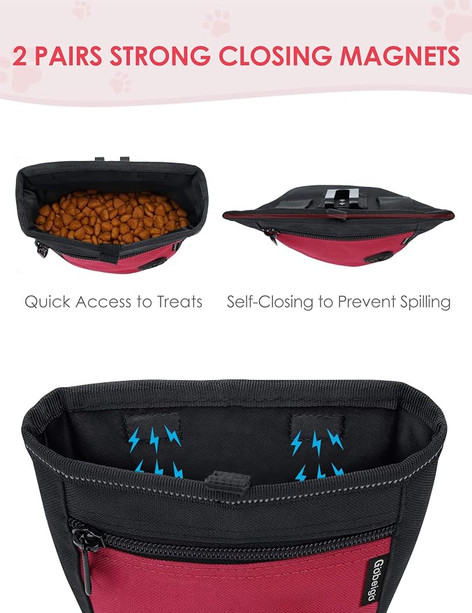 Gobeigo 2 Cup Dog Treat Pouch with Training Clicker(Black/Red) | 2 Pair Magnetic Closures, Zipper Pocket with Poop Bag Holder, Waist Belt & Metal Clip to Wear for Pet Training/Daily Walking