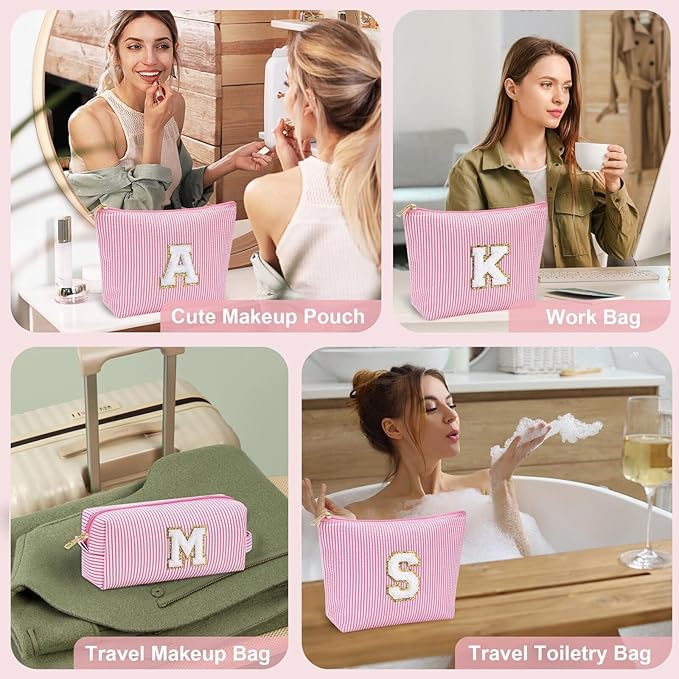 YOOLIFE Travel Makeup Bag Cosmetic Bag - Make Up Bag with Makeup Brush Bag Monogram Makeup Pouch Bag 2 Pieces Cute Makeup Bag Personalized Gifts Best Friend Birthday Gifts for Women Pink Letter Y