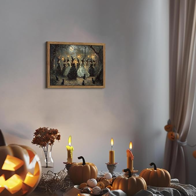 Framed Vintage Halloween Witches Wall Art, Dark Academia Gothic Black Cat Painting Canvas Prints, Halloween Wall Decor, Coven of Witches Dancing Scene Forest Poster for Living Room 12x16in
