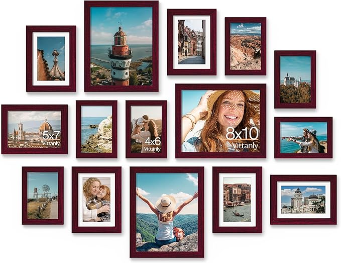 Vittanly 15 Pack Picture Frames Collage Wall Decor, Wall/Tabletop Display | Cherry Red, Multi-Size Gallery Wall Frame Set: 3pcs 8x10, 6pcs 5x7, 6pcs 4x6. Picture Frame Set for Family
