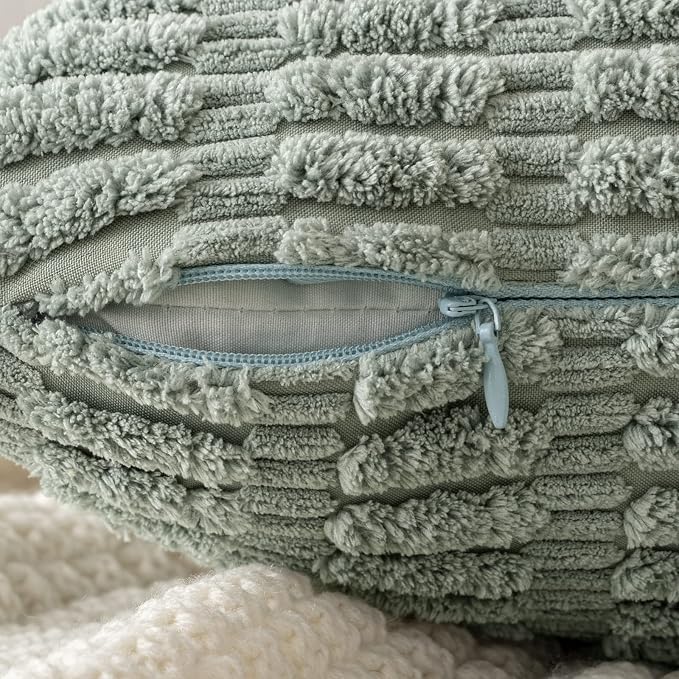MIULEE Corduroy Decorative Throw Pillow Covers 16x16 Grey Green Pack of 2 | Soft Boho Striped Pillow Covers Modern Farmhouse Home Decor For Sofa Living Room Couch Bed