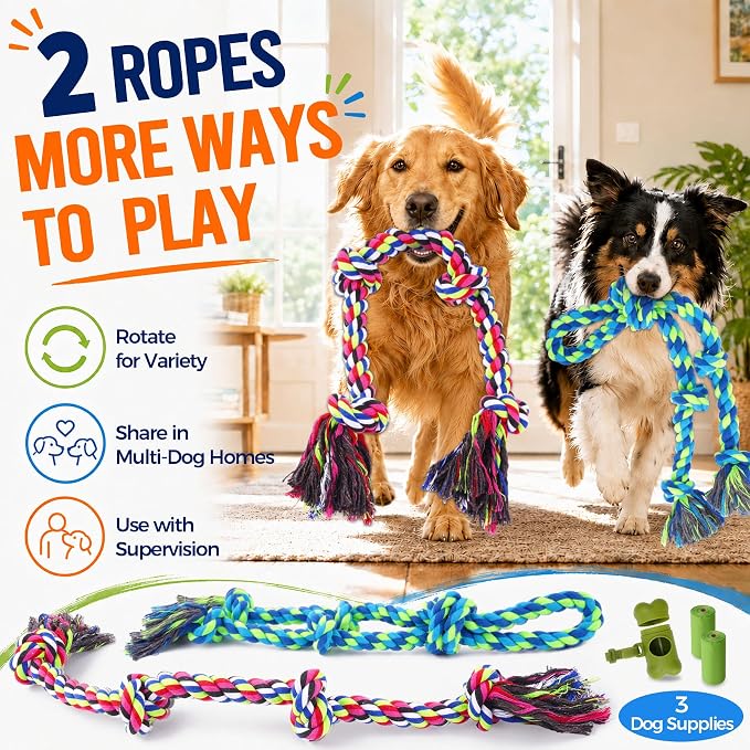Tough Dog Rope Toys for Aggressive Chewers, Tough Tug of War Dog Toys for Large, Medium & Small Dogs – 5 Pack Including 2 Ropes & 3 Supplies