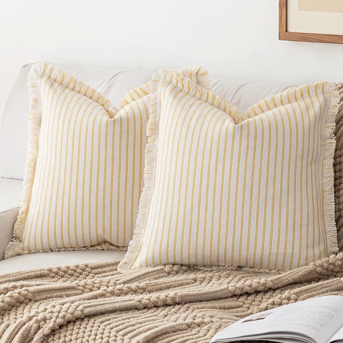 YEENAASY Throw Pillow Covers 16x16 Boho Striped Pillow Cases with Tassel | Set of 2 Fringe Pillow Cover Farmhouse Cushion Covers Neutral Pillows Decorative Square Pillowcase for Couch Sofa Bed, Yellow
