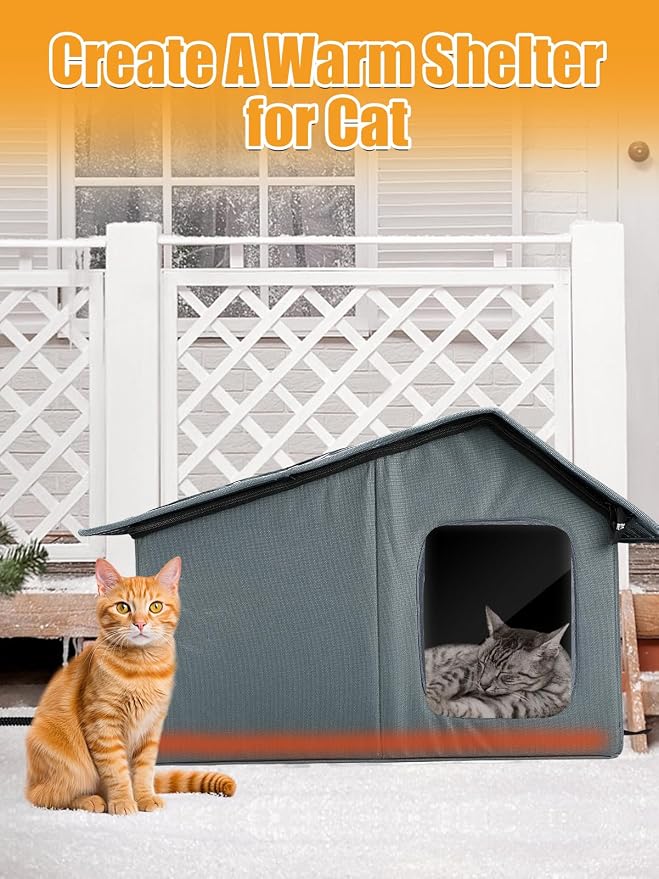 Weatherproof Heated Cat Houses for Outdoor Cats - Insulated Cat Shelter for Winter with Thermostatic Heating Pad and Escape Door, Warm Outside Pet House Gift for 1-2 Feral Cats (Medium)