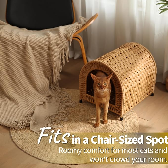 Handwoven Wicker Cat Bed for Cats up to 20 lb, 14.2" H × 14.2" W × 16.5" D | Dome shaped hideaway for cats to feel safe. Woven wicker and raised base for airflow. Natural furniture look. Rinse clean.