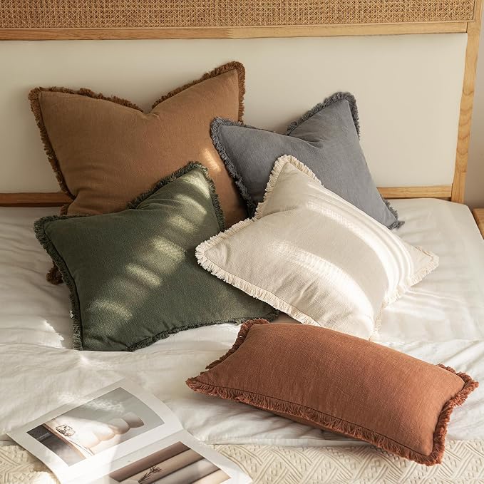 MIULEE Linen Fringe Decorative Euro Throw Pillow Covers Olive Green 28x28 | Set of 2, Cottagecore Decor, Boho Farmhouse Neutral Pillow Covers, Rustic Couch Cushion Cases for Sofa Bed Living Room