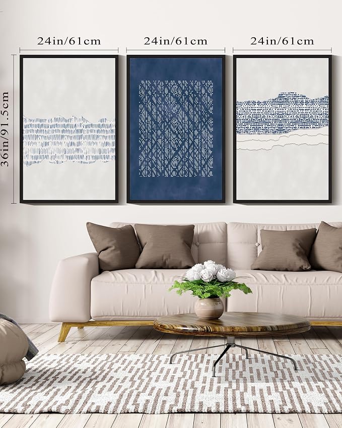 Drsoum Blue Abstract Boho Framed Wall Art Large 24x36in Minimalist Mid-Century Modern Wall Decor Geometric Artwork Kitchen Dining Room Black Framed