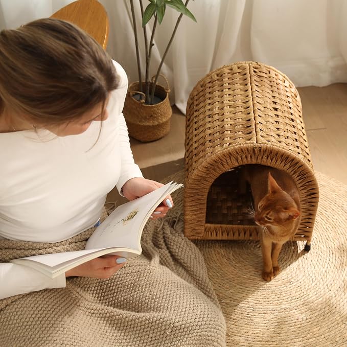 Handwoven Wicker Cat Bed for Cats up to 20 lb, 14.2" H × 14.2" W × 16.5" D | Dome shaped hideaway for cats to feel safe. Woven wicker and raised base for airflow. Natural furniture look. Rinse clean.
