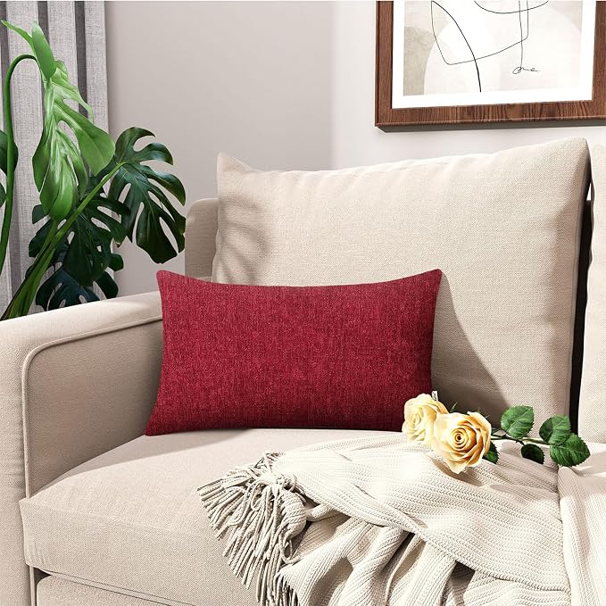 BRAWARM Throw Pillow Covers 12x20 Inches - Red Chenille Lumbar Pillow Covers Pack of 2, Solid Dyed Soft Chenille Pillow Cases for Couch Sofa Bed Home Decoration