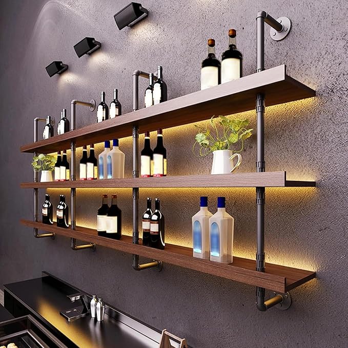 62.9in Wall Mounted Wine Rack with LED Light Solid Wood | 3-Tiers Liquor Bottles Floating Shelves Display Storage Organizer for Home Bar & Dining Room