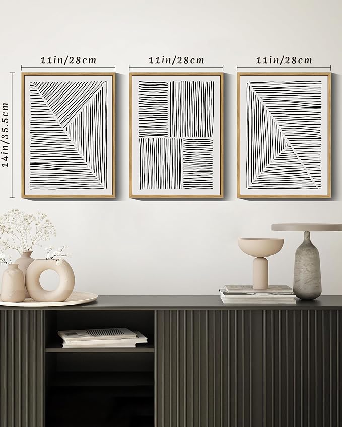 Drsoum Mid-Century Modern Framed Wall Art Minimalist Abstract Boho Black Line Wall Decor Geometric Artwork Kitchen Dining Room 11x14in Natural Framed