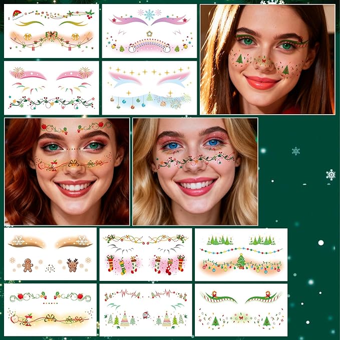 Christmas Temporary Tattoos Snowflake Christmas Tree Blush Face Tattoos Mixed Styles Cartoon Elk Eye Fake Tattoos Cute Holographic Stickers Waterproof Face Stickers for Girls Body Art Makeup 10 Sheets