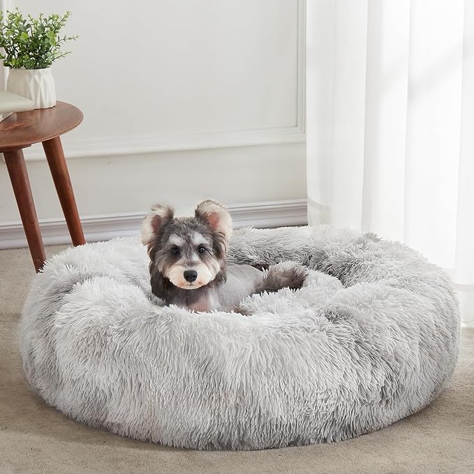 Western Home Calming Donut Small Dog Cat Bed Washable Puppy Bed,24" | Fluffy Faux Fur Round Cuddler,Anti-Anxiety,Anti-Slip Bottom,Pet Beds for Puppy&Small Dog&Large Cat,Up to 25 LBS White Grey