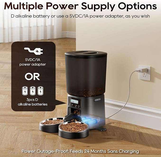 Petrice Automatic Cat Feeder for 2 Cats, 6L/25 Cups Cat Food Dispenser Programmable 30 Portions 6 Meals per Day, Timed Pet Feeder for Kitty Small Dogs with 10S Voice Record, Easy Setup, Black