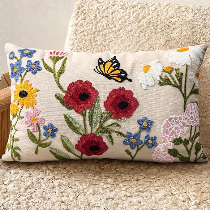 Embroidered Lumbar Pillow Cover 20x12 Inch, Retro Flower | Decorative Throw Pillow Cover, Vintage Boho Cushion Case with Hidden Zipper, Floral Decor for Couch, Sofa, Living Room, Bed