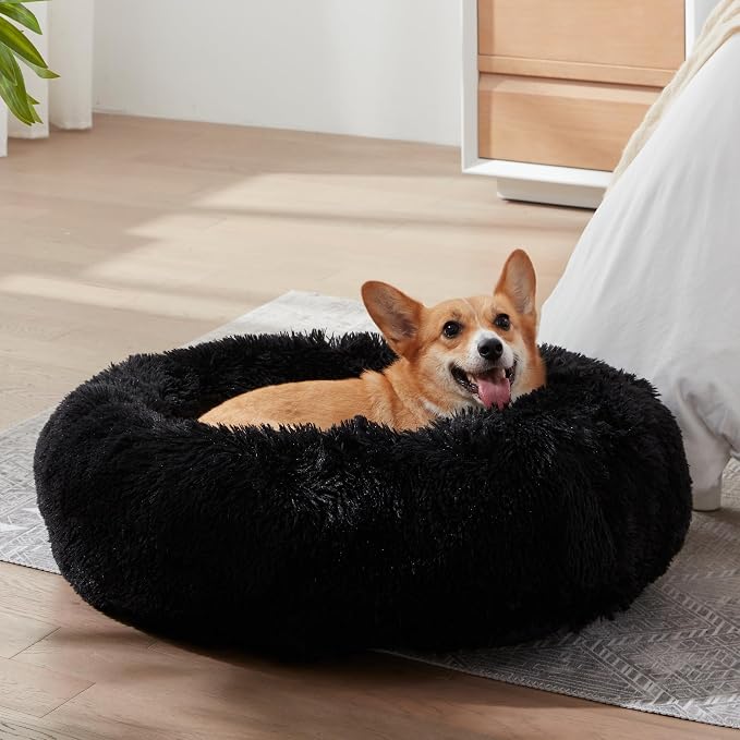 Western Home Calming Donut Cat Bed Small Dog Bed Washable,20" Black | Fluffy Faux Fur Round Cuddler,Anti-Anxiety,Anti-Slip Bottom,Self-Warming Pet Bed for Small Dog&Kitten&Puppy,Up to 12 LBS