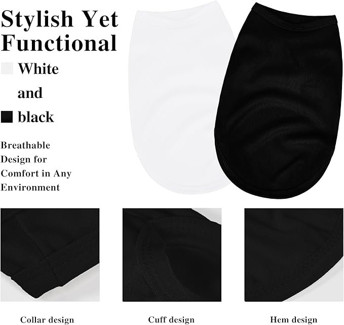 2 Pack Solid Color Dog Shirts - Lightweight, Quick Dry, Breathable Pet T-Shirts for Small to Large Dogs - Stretchy, Durable, Ideal for All Seasons and Holidays.Black White XS