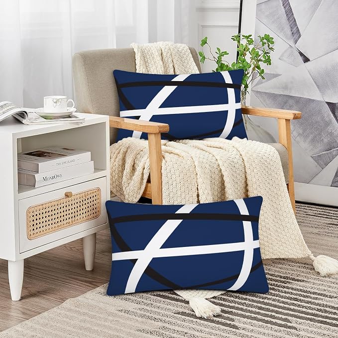 Modern Art Geometric Pillow Cover, Decorative Throw Pillow Covers Blue White Abstract Artwork Cushion Cover for Bedroom Sofa Living Room 12 x 20 Inch Set of 2