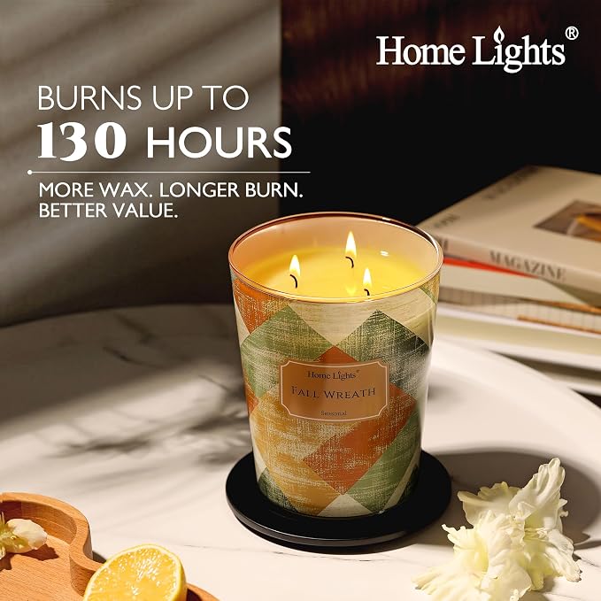 HomeLights Large jar Candle | 3-Wick Long-Lasting Scented Candles, 34oz Natural Soy Wax Candle for Home Scented, Rustic Modern Gifts for Women & Men, Fall Wreath