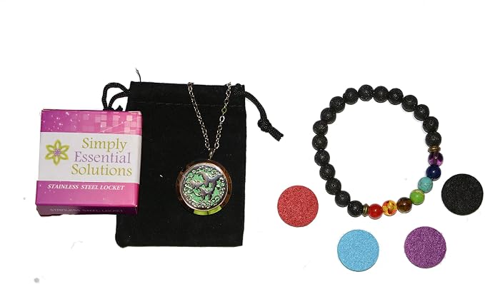 Aromatherapy Essential Oil Diffuser Stainless Steel 30MM Silver Magnetic Locket Pendant with Chain Necklace and Colored Refill Pads & Diffuser Bracelet All in a Velvet Bag (butterfly3)