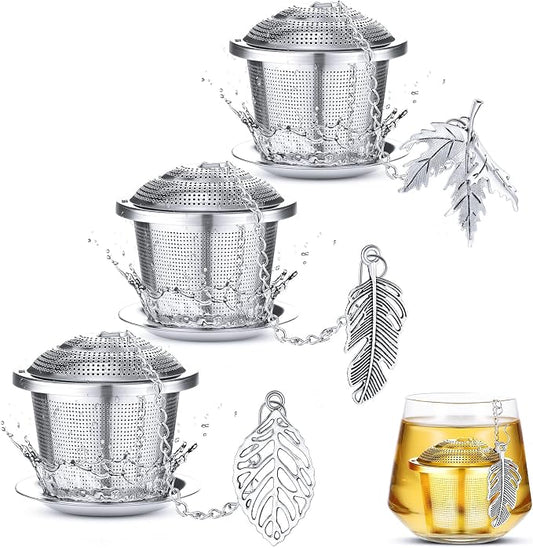3 Sets Tea Infusers Steeper for Loose Leaf Tea Holder Stainless Steel Tea Ball Mesh Strainer Filters with Drip Trays and Pendant(Forest Style)