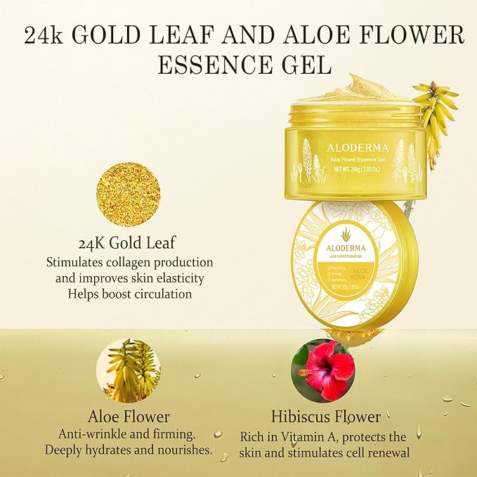 Aloderma Age-Defying Aloe Flower Essence Gel with 24K Gold Leaf, Made within 12 Hours of Harvest - Luxurious Aloe Gel with Allantoin & Hyaluronic Acid for a Shimmering, Youthful Complexion, 7oz 2-Pack
