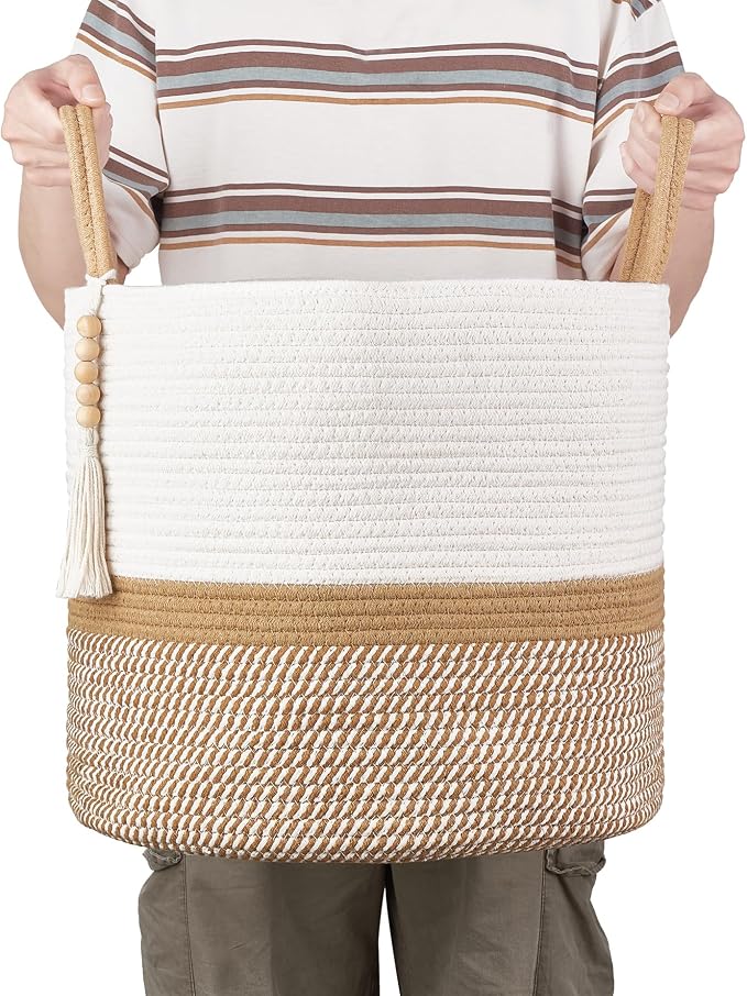 Mkono Woven Storage Basket for Blanket, Toys Plant Organizer, 16"W x 13.8"L | White and Brown, Decorative Basket with Handle, Wood Beads Tassel, Shoes Clothes Storage Bin, Living Room Bedroom Nursery
