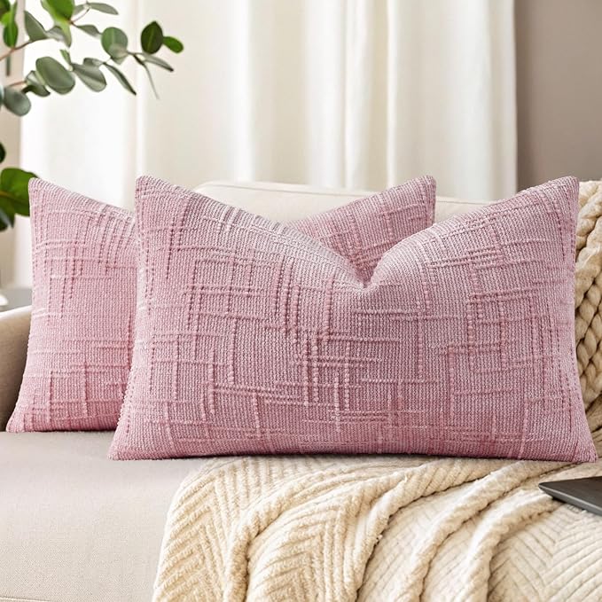 decorUhome Textured Chenille Throw Pillow Covers 12x20 Set of 2 Blush Pink | Fall Modern Farmhouse Soft Cozy Slubby Couch Pillow Cases Boho Decorative Pillow Cases for Bed Sofa Living Room Home Decor