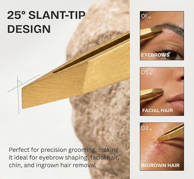 Ultra-Precision Professional Slant Tweezers for Women Facial Hair - German Stainless Steel, Lightweight Black Tweezers for Women & Men, Ideal for Eyebrow & Facial Grooming (Matte Gold)