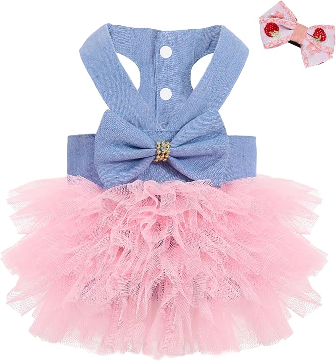 Dog Dress, Fashion Puppy Tutu Princess Dresses for Small Dogs Girl, Sweet Skirt with Dog Bowknot Clips, Spring Dog Cat Clothes Pet Apparel (Denim Dress Tutu, Medium)