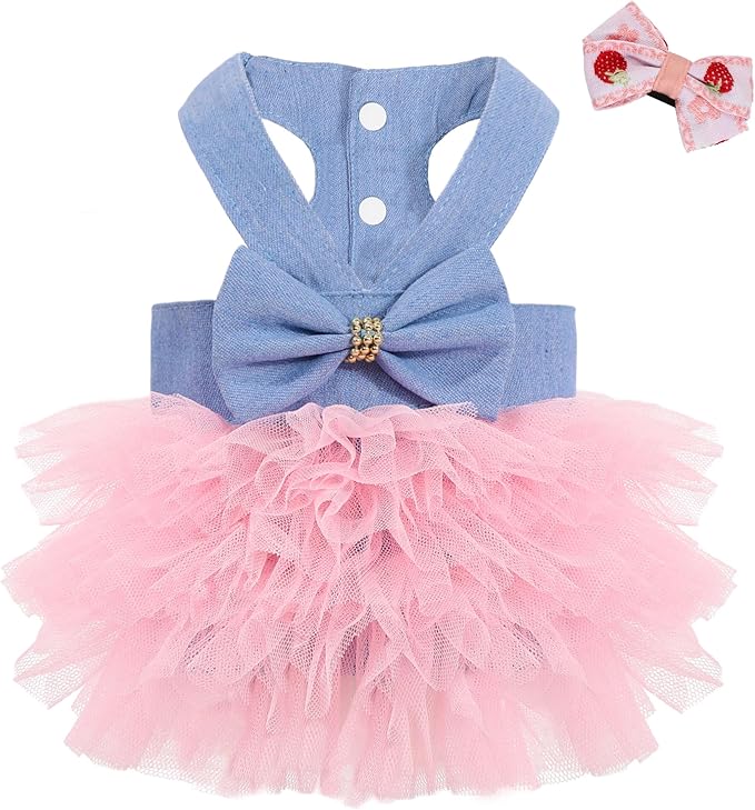 Dog Dress, Fashion Puppy Tutu Princess Dresses for Small Dogs Girl, Sweet Skirt with Dog Bowknot Clips, Spring Dog Cat Clothes Pet Apparel (Denim Dress Tutu, XX-Small)
