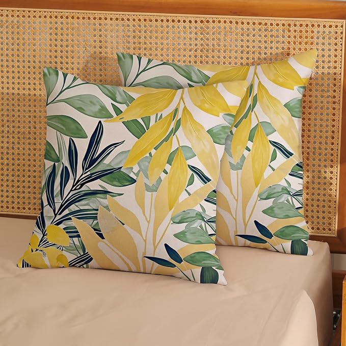 Summer Pillow Covers 18x18 Inches Set of 2 Sage Green Yellow Leaves Throw Pillow Covers Outdoor Modern Spring Summer Leaf Decoration Pillowcase Farmhouse Decorative Cushion Cover For Couch Sofa