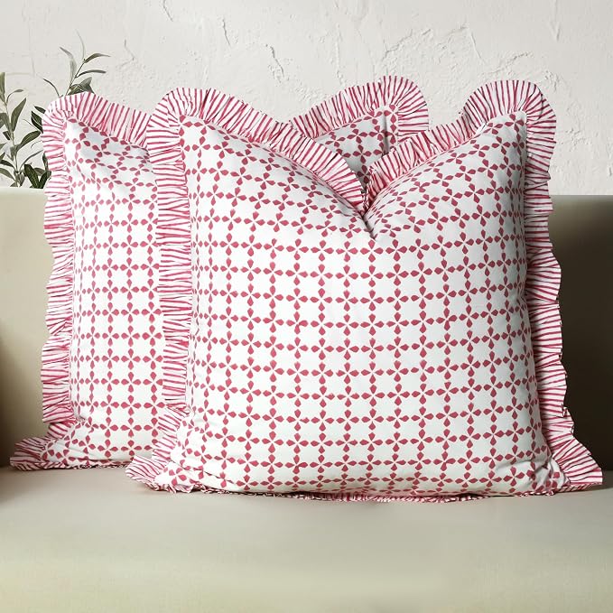 CPC Magenta Pink Hand Block Print 100% Cotton Ruffle Throw Pillow Cover 18x18 inch with Hidden Zipper Decorative for Couch, Bed, Sofa, Farmhouse, Cottagecore Decor Gift Christmas Fall Thanksgiving