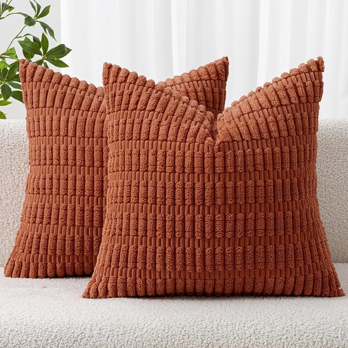 MIULEE Fall Corduroy Decorative Throw Pillow Covers 12x12 Rust Pack of 2 | Terracotta Soft Boho Striped Pillow Covers Modern Farmhouse Autumn Home Decor For Sofa Living Room Couch Bed