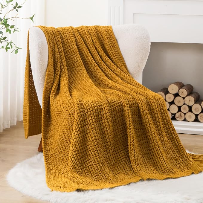 Waffle Knit Throw Blanket, Mustard Yellow Throw Blanket for Couch 60"x80" | Chunky Chenille Throw Blanket, Soft Fall Mustard Throw Blanket for Home Decor, Modern Farmhouse Knitted Style
