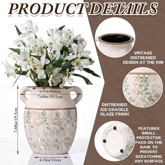 LemonRoad Vintage Planter Large Ceramic Plants Pot Beige Chinoiserie Floral Cottage Scroll Vase Flower Pot Indoor Home Farmhouse Kitchen Antique Decorative Gifts(Green Leaf Vine,7.7 Inch)