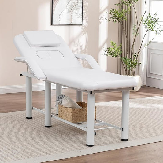 Professional Massage Bed with Armrests Stationary Adjustable Massage Table Spa Bed 73" x27” Physical Therapy Table with Memory Foam Salon Bed w/Removable Headrest White