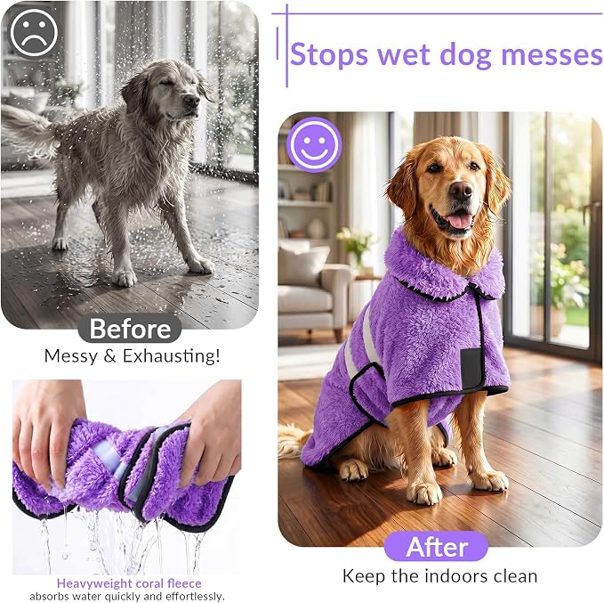 Dog Bathrobe, Super Absorbent for Small to Large Dogs, Light Purple S | Dog Robes with Soft Fleece, Warm & Cozy, Adjustable Fit, and Quick Drying Coat for Baths Swimming and Grooming