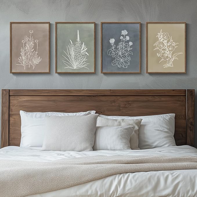 Framed Boho Botanical Wall Art for Bedroom, 4 Piece Vintage Neutral Floral Canvas Painting Prints, Minimalist Rustic Flower Pictures for Farmhouse Living Room Kitchen Dining Room Wall Decor, 11x14 In