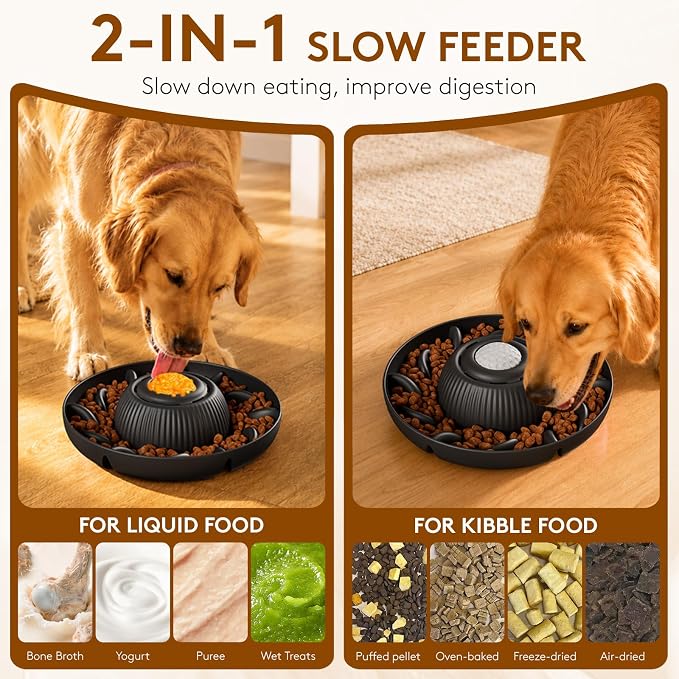Slow Feeder Dog Bowls 2 in 1 Liquid Treat Dog Lick Mat Cat Bowl – Anti Slip 5‑Cup Large Capacity Liquid and Kibble Food Treat Dispenser for Slowing Down Eating for Large Medium Small Dogs (Black)